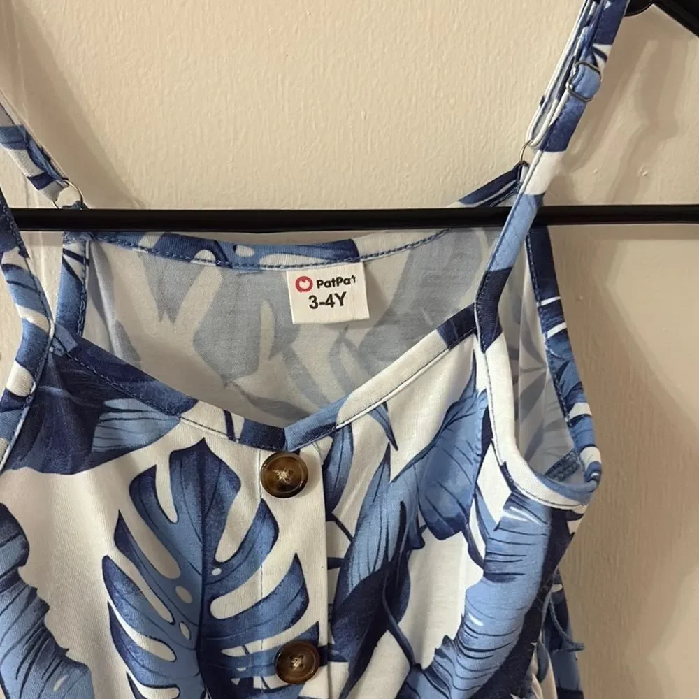 Blue and White Leaf Print Kids Dress